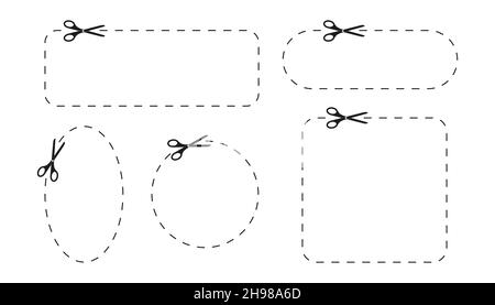 Satz von Scheren Symbole schneiden verschiedene Formen mit gepunkteten Linien. Schneiden Sie hier Piktogramme für Papier Rabatt-Gutscheine, Gutscheine, Promo-Codes. Skizzieren Sie grafische Vektordarstellung. Stock Vektor