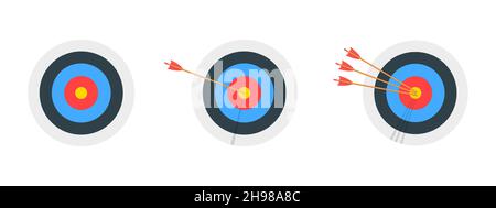 Bogenschießen Ziel Ringe mit und ohne Pfeile treffen Bullseye. Runde Dartbretter isoliert auf weißem Hintergrund. Zielerreichungskonzept. Symbole für Geschäftserfolgsstrategien. Vektorgrafik Cartoon-Illustration. Stock Vektor