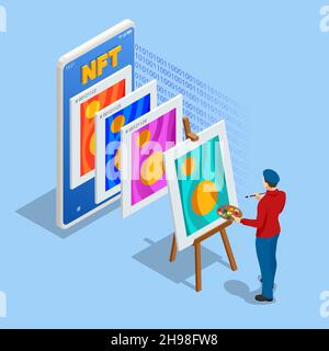 Isometrisches NFT Non-fungible Token ist eine einzigartige und nicht austauschbare Einheit von Daten, die auf einer Blockchain für digitales Ledger gespeichert sind. Digitale Kunst NFTs, generativ Stock Vektor