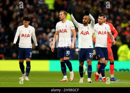 Norwich, Großbritannien. 5th. Dezember 2021; Tottenham Hotspur Stadium. Tottenham, London, England; Premier League Football, Tottenham gegen Norwich: Lucas Moura von Tottenham Hotspur feiert, nachdem er in der 10th-minütigen Spielzeit für 1-0 Punkte Punkten konnte.Credit: Action Plus Sports Images/Alamy Live News Stockfoto