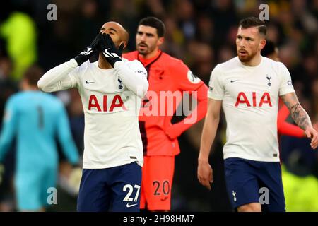 Norwich, Großbritannien. 5th. Dezember 2021; Tottenham Hotspur Stadium. Tottenham, London, England; Premier League Football, Tottenham gegen Norwich: Lucas Moura von Tottenham Hotspur feiert, nachdem er für 1-0 n die 10th Minuten Punkte erzielt hat Kredit: Action Plus Sports Images/Alamy Live News Stockfoto