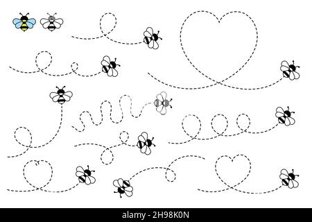Cartoon Bee Fliegen auf einer gepunkteten Route. Vektordarstellung auf Hintergrund isoliert. Stock Vektor