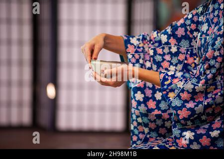 Japanische Frau im traditionellen Kimono, die während der Teezeremonie auf Seiza kniet. Stockfoto