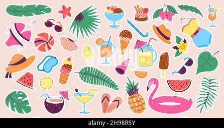Sommerliche Aufkleber. Süße tropische Strandelemente, Obst, Limonadenglas und Essen. Reisen und Urlaub, saisonaler Patch. Modische anständige Vektor-Kit Stock Vektor