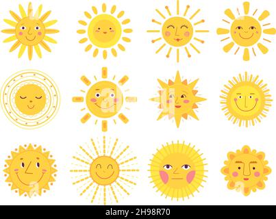 Sun-Zeichen. Baby Sonnenschein, komische Sonnen lustige Gesichter. Isolierte flache Cartoon gelben Sommer-Symbole. Doodle heißes Wetter, abstrakt saisonal anständig Stock Vektor