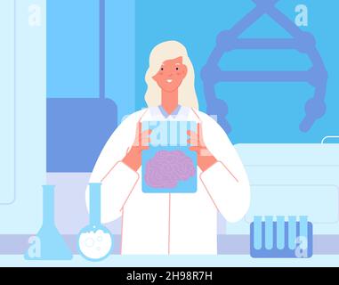 Hirnforschung. Laborwissenschaftler im Labor. Neurologie und Neurochirurgie, Arzt halten Gehirn in der Hand. Vektor-Konzept für Medizin und Gesundheitswesen Stock Vektor