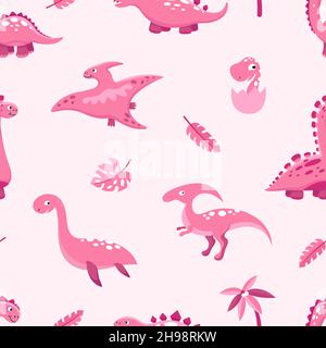 Pinkes Dino-Muster. Niedliche Cartoon-Dinosaurier, Blätter und Palmen. Pastellfarbene, girly nahtlose Textur. Lustige prähistorische Zeichen Vektor-Druck Stock Vektor