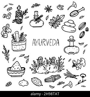 Ayurveda-Banner. Ayurvedisches Spa-Set mit Doodle-Illustrationen von Ölen, Kräutern, Stößel und Mörtel, Massagesteinen, Kräutermassagebällen, Roots und Stock Vektor