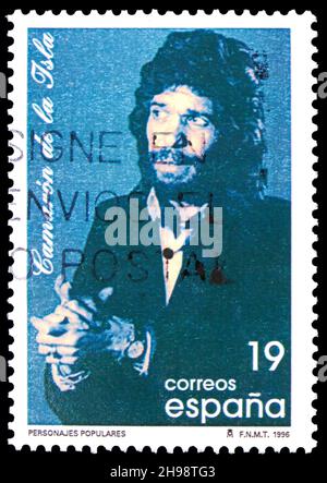 MOSKAU, RUSSLAND - 7. NOVEMBER 2021: Die in Spanien gedruckte Briefmarke zeigt Camaron de la Isla, berühmte Volksserie, um 1996 Stockfoto