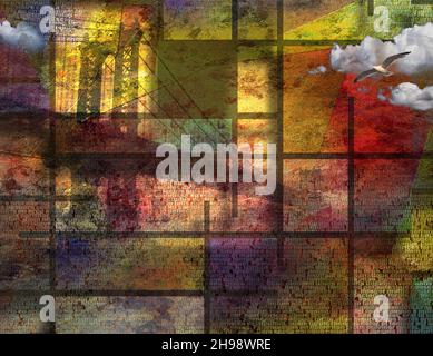 New York Grunge. Manhattan Bridge. Moderne Kunst. 3D-Rendering Stockfoto