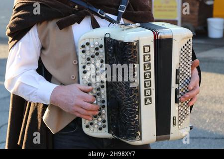 Beliebter Musiker spielt Akkordeon, Musikinstrument Stockfoto