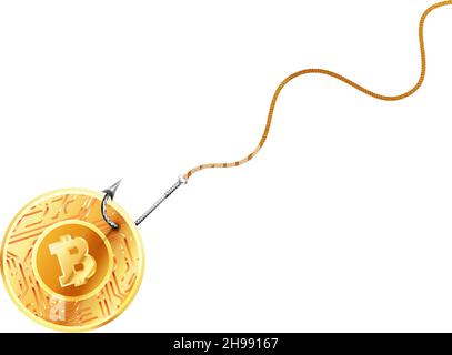 Helle Bitcoin-Münze auf glänzendem Silbermetall-Angelhaken an einem Seil auf Weiß Stock Vektor