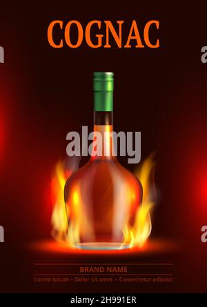 Cognac-Poster. Whiskey alkoholisches Getränk Werbung Plakat mit Flasche Feuer Flamme und Wasser anständige Vektor-Vorlage mit Platz für Text Stock Vektor