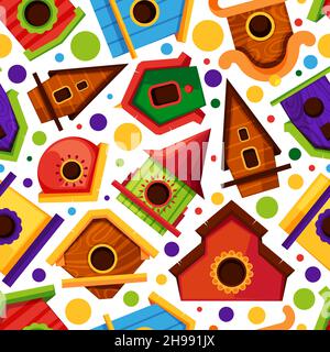 Vogelhaus-Muster. Holz dekoratives Haus für fliegende kleine Tiere Bäume Zimmer Vogelhaus grellen Vektor nahtlose Hintergrund Stock Vektor