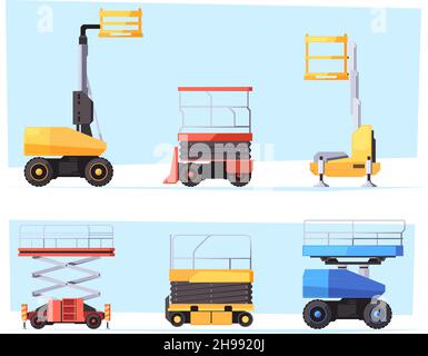 Bauaufzüge. Schwere Maschinen Gabelstapler für die Bewegung von Containern Cargo-Boxen LKW für Bauherren grish Vektor flache Illustration Fahrzeuge in flach Stock Vektor