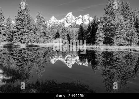 Schwabacher Landung am frühen Morgen im Grand Teton National Park, Wyoming, mit Bergreflexen auf dem Snake River, s&w, horizontal Stockfoto