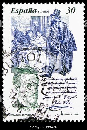 MOSKAU, RUSSLAND - 7. NOVEMBER 2021: In Spanien gedruckte Briefmarke zeigt spanische Literatur - Juan Valera, um 1995 Stockfoto