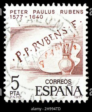 MOSKAU, RUSSLAND - 7. NOVEMBER 2021: In Spanien gedruckte Briefmarke zeigt Rubens, Bildhauer und Maler Serie, um 1978 Stockfoto