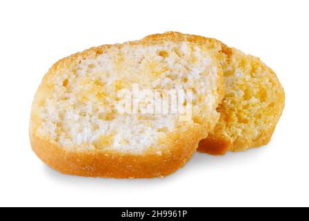 Zwei Croutons isoliert auf weißem Hintergrund. Salzige Snacks Stockfoto