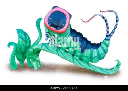 Große, grüne, schwarze und rote Raupe der Pussmotte auf einem Blatt. Isoliert auf weißem Hintergrund Beschneidungspfad (Pfad enthält keine Schmutzfläche darunter). Stockfoto