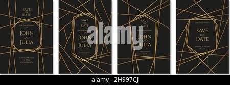 Hochzeitseinladung in Gold. Goldene geometrische Karten, vip Luxus Flyer. Elegantes dunkles Design, moderne Business dekorative aufgeräumte Vektor-Banner Stock Vektor