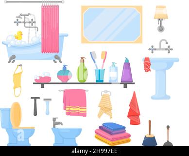 Badezimmerelemente. Waschbecken, Cartoon-Zahnbürste und Hygieneartikel. Handtücher, Flaschen, Lampe und Spiegel. Isolierter Innenraum mit dezenter Vektorgrafik Stock Vektor