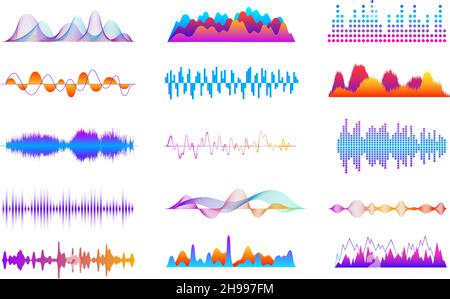 Schallwellen eingestellt. Stimmwellengeräusche, musikalischer Impulsgraph. Vibrierende Musik-Player-Schnittstelle, digitales Audio-Impulssignal. Exakter Vektor der Kurvenfrequenz Stock Vektor