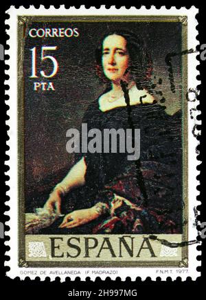 MOSKAU, RUSSLAND - 7. NOVEMBER 2021: Die in Spanien gedruckte Briefmarke zeigt 'Gertrudis Gómez de Avellaneda', Maler - Federico Madrazo Serie, um 1977 Stockfoto