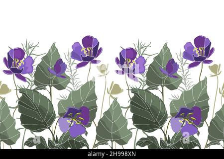 Vektor florales Nahtloses Muster, Rand. Horizontales Panorama-Design mit violetten Blüten und grünen Blättern. Stock Vektor