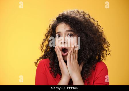 Innenaufnahme einer schockierten weiblichen Drama Queen mit lockigen Haaren, die vor Überraschung keuchte, Empathie und Angst, den Kopf zu drehen und die Hände auf die Wangen zu halten Stockfoto