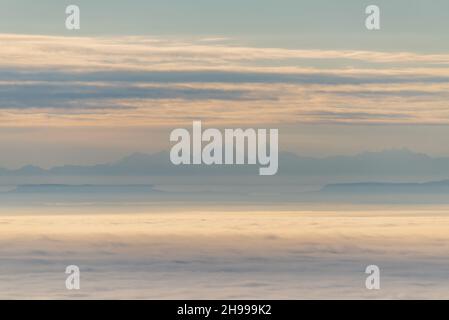 Silhouette der Alpenkette am Horizont von den Vogesen aus gesehen über einem Nebelmeer. Mit Eiger, Mönch und Jungfrau. Stockfoto