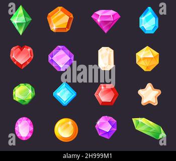 Fantasy Schmuck Edelsteine. Kristallstein für Spiel, magische Edelsteine, Leistung Märchenschatz, königlicher Glitzer, gui, Cartoon-Vektor-Illustration, ordentlich isoliert Symbol. Schmuck- und Edelsteinsammlung Stock Vektor