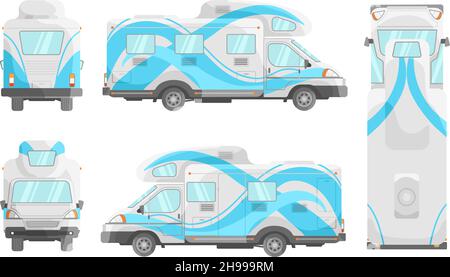 Motorhome-Modell. RV Fahrzeug Branding, Wohnwagen Wohnmobil, Freizeitreisen Anhänger, Bus Design Vorlage, Ansicht links rechts vorne hinten oben, isoliert anständige Vektor-Illustration. Stock Vektor