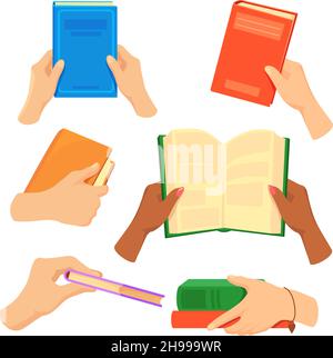 Hände, die Bücher halten. Buch in Leserhand, Arm mit Lehrbuch, Lesen von akademischer Literatur, schulbibliothekarische Bildung, geschlossenes Tagebuch-Notizbuch, Flache Symbolvektordarstellung. Buchliteratur und Lehrbuch Stock Vektor