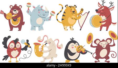 Tiere spielen Musik. Fröhliche Tierfiguren mit verschiedenen Musikinstrumenten. Zeichentrickfilm-Künstler. Bandsounds. Woodland Creatures Orchester Stock Vektor