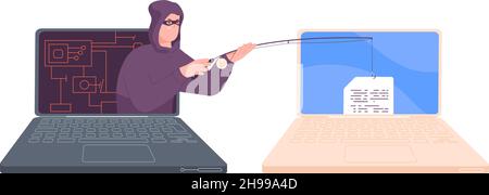 Phishingbetrug. Online-Computerhackerangriff, Fischhaken Laptop-Datendiebstahl, Betrug E-Mail Cyber-Kriminalität, Internet sichere Leck-Informationen, stehlen Login, Vektor-Illustration. Phishing und Betrug Stock Vektor