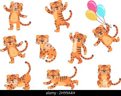 Cartoon Jungen Tiger. Kleine Tiger Kinder, lustige niedliche Baby Tier, Zeichnung gestreiften Wildlife Junge, Safari Charakter lächelt springen Ballons, kindisch wilden Dschungel, Vektor anständige Grafik-Design-Illustration Stock Vektor