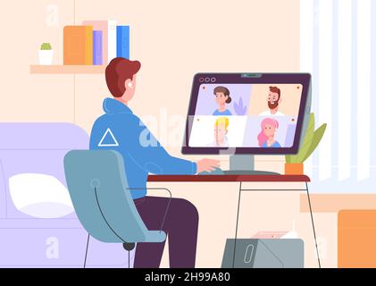 Videokonferenz am Computer. Videoanruf von zu Hause ins Büro, Gruppenleute kommunizieren auf dem virtuellen Online-Konferenzwebbildschirm, Arbeitschat im Zoom, großartige Vektordarstellung. Videokonferenz-Konzept Stock Vektor