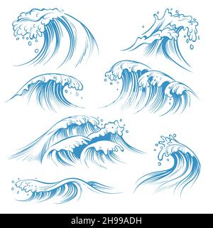 Handgezeichnete Wellen. Skizzieren Sie die Wellen der Wellen. Handgezeichnetes Surfen Sturm Wind Wasser Doodle Vintage Elemente Stock Vektor