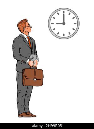 Der junge Geschäftsmann ist pünktlich. In einem Business-Anzug mit Aktentasche. Gegenüber der Uhr. Vektor isoliert Pop Art Illustration Hand Stock Vektor