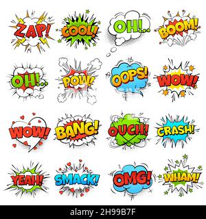 Comic-Wörter. Cartoon Boom Crash Rede Blase lustige Elemente und Kinder Skizze Aufkleber Vektor-Icons gesetzt Stock Vektor