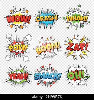 Komische Blasen. Lustige Comics Wörter in Sprechblasenrahmen. Wow, oops bang zap Thinking Clouds. Expression Ballons gesetzt Stock Vektor