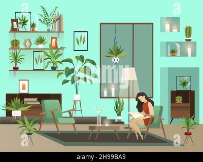 Gemütliches Zimmer. Vector Nachtwohnzimmer mit einmunter Leserin und Stadtgarten Stock Vektor