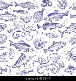 Seafood Nahtloses Muster. Skizze Fisch handgezeichnete Meer Ozean marinen Thunfisch dorado Stör Lachs Menü natürliche Textur Stock Vektor