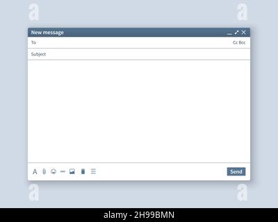 Leerer E-Mail-Bildschirm. Mail-Nachricht Schnittstelle leer mockup Internet-Fenster-Computer, Box-Seite Web-Software-Browser Stock Vektor