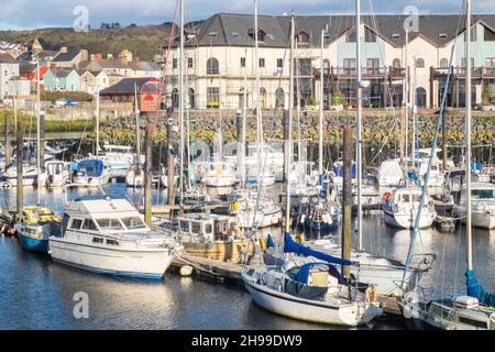 Luxus, Wohnung, Wohnungen, Wohnungen, Gebäude, mit Blick auf, Boote, Yachten, festgemacht, an, Aberystwyth Harbour, Hafen, Yachthafen, in, Aberystwyth, Cardigan Bay, Küste, Küste, an, A, sonnig, aber, windig, Dezember, Winter, Winter, Tag, Mitte, Westen, Wales, Ceredigion, Ceredigion County, Welsh, GB, Großbritannien, Großbritannien, Großbritannien, Europa, Großbritannien, Großbritannien, Stockfoto