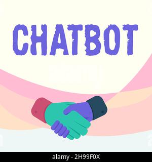 Schreiben Anzeige Text Chatbot. Wort geschrieben auf einer Art Computerprogramm, das menschliche Konversation Hände Zeichnen in Handshake-Position simuliert Stockfoto