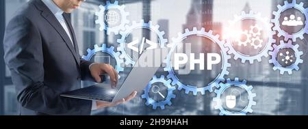 PHP-Codierungskonzept. Suche nach Programmierern. Technologiehintergrund. Stockfoto