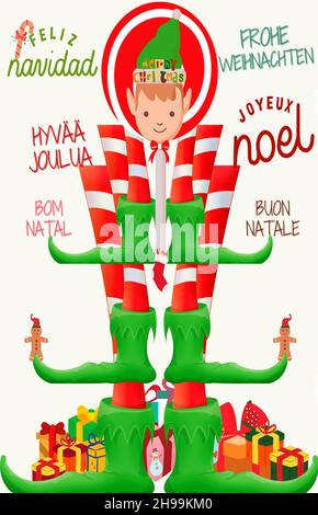 Eine Illustration eines Weihnachtsbaums aus Elffüßen mit Froher Weihnachten in verschiedenen Sprachen Stockfoto