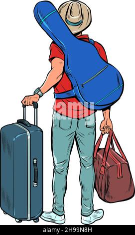 Ein junger Mann mit Gitarre ist ein Reisender, der auf Tour fliegt, Gepäck am Flughafen. Kreative Reise Stock Vektor